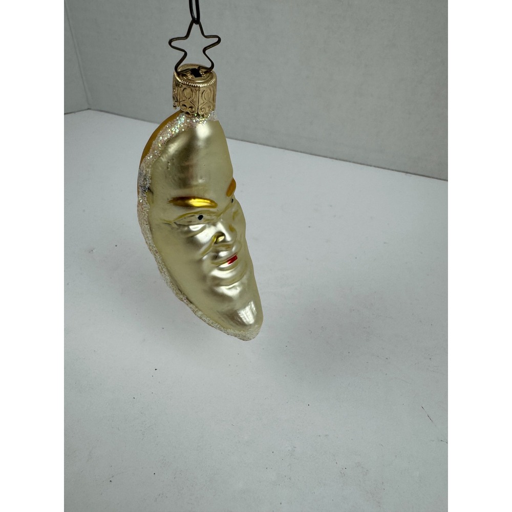Vintage Glass Man in the Moon Christmas Ornament Gold Glitter Crescent Celestial
